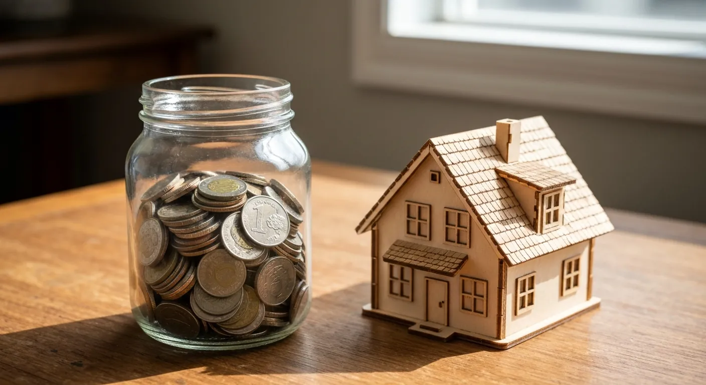 A glass jar of coins and a small wooden model house on a table, soft light, no.