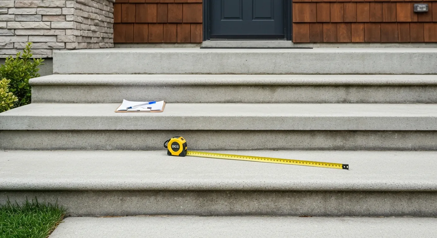 A clipboard and measuring tape on the steps of a house exterior, no.