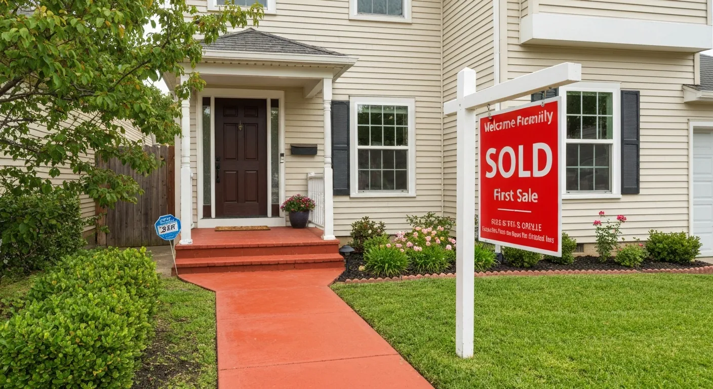 A welcoming first home exterior with a 'SOLD' sign and a bright front door, no.