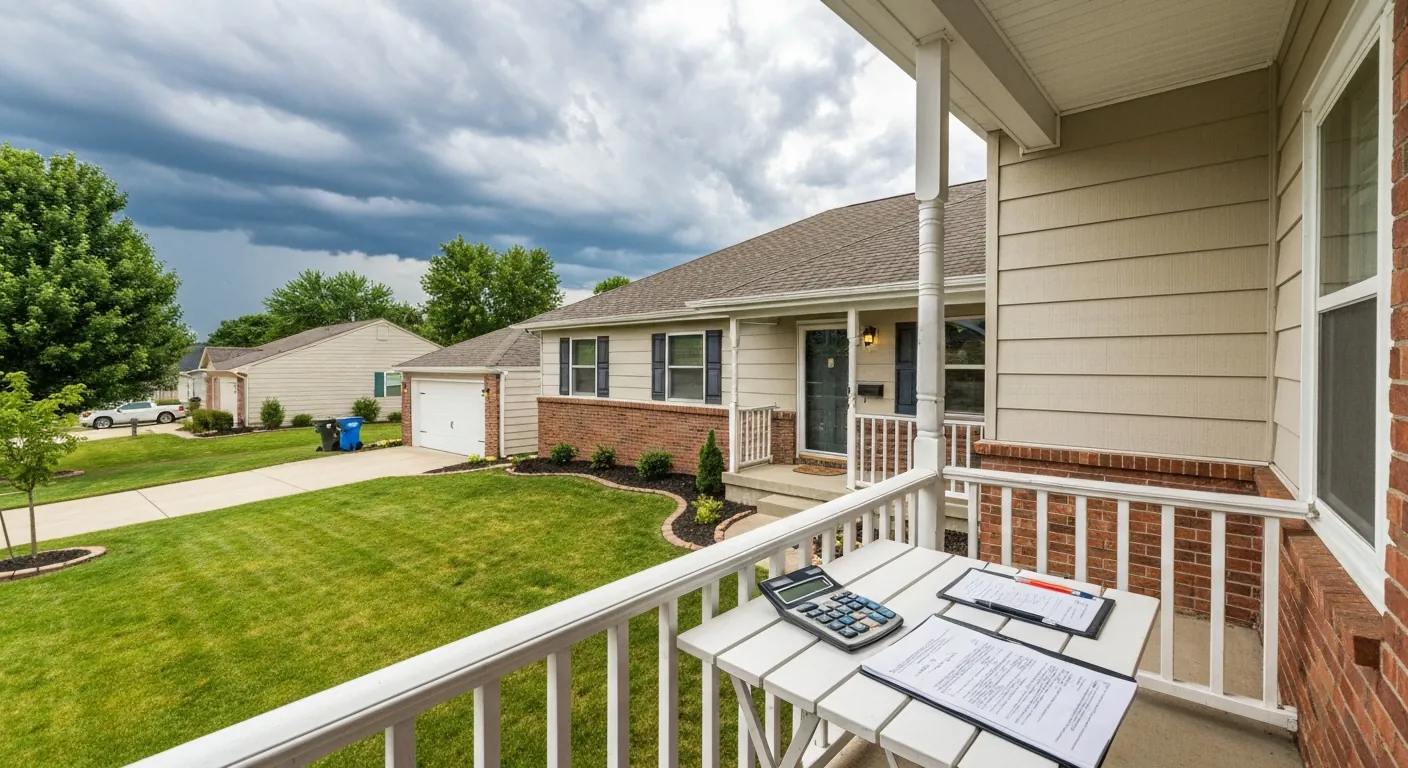 A suburban home exterior with a calculator and documents on a porch table, no.