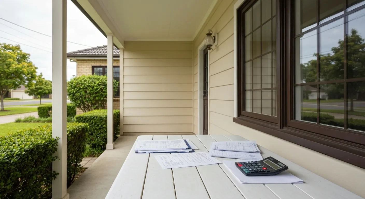 A suburban home exterior with a calculator and documents on a porch table, no.