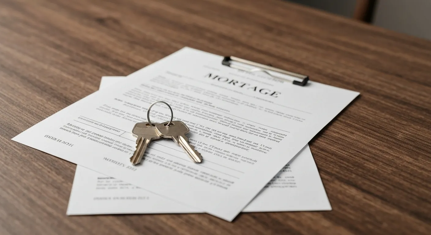 House keys resting on mortgage paperwork on a wooden desk, warm light, no.