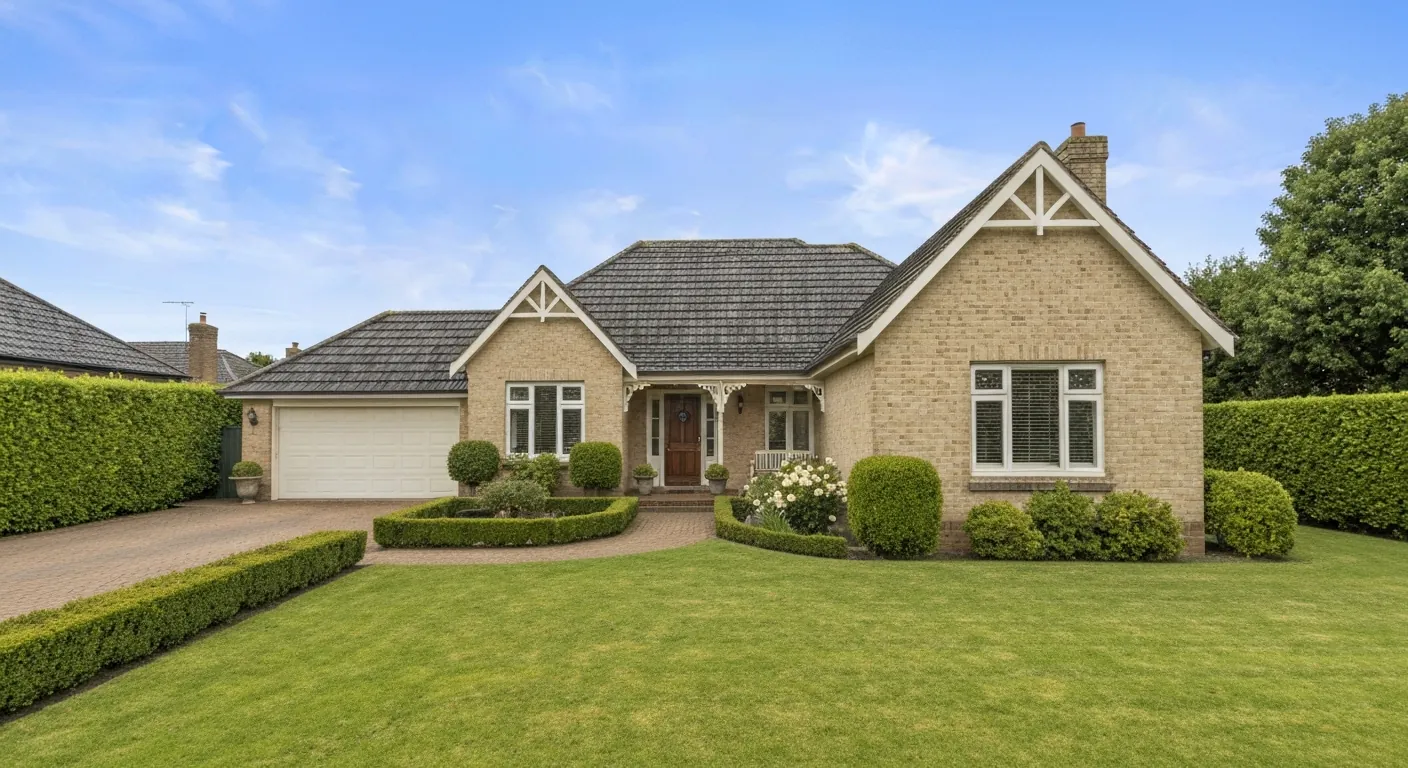 A classic two-story single- home with a lawn, daytime.