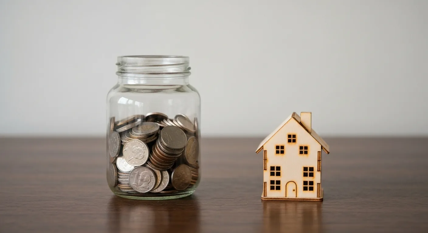 A glass jar of coins and a small wooden model house on a table, soft light, no.
