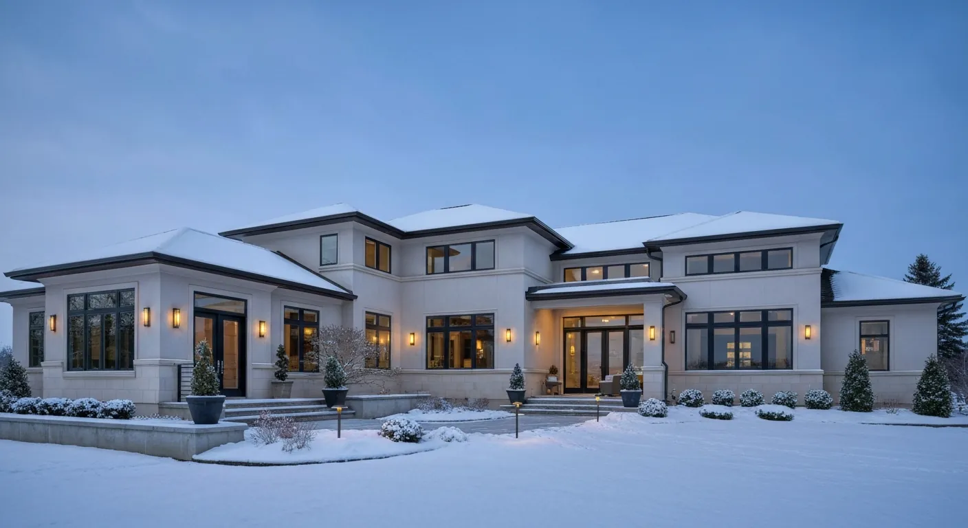 A large upscale modern home exterior with architectural lighting.
