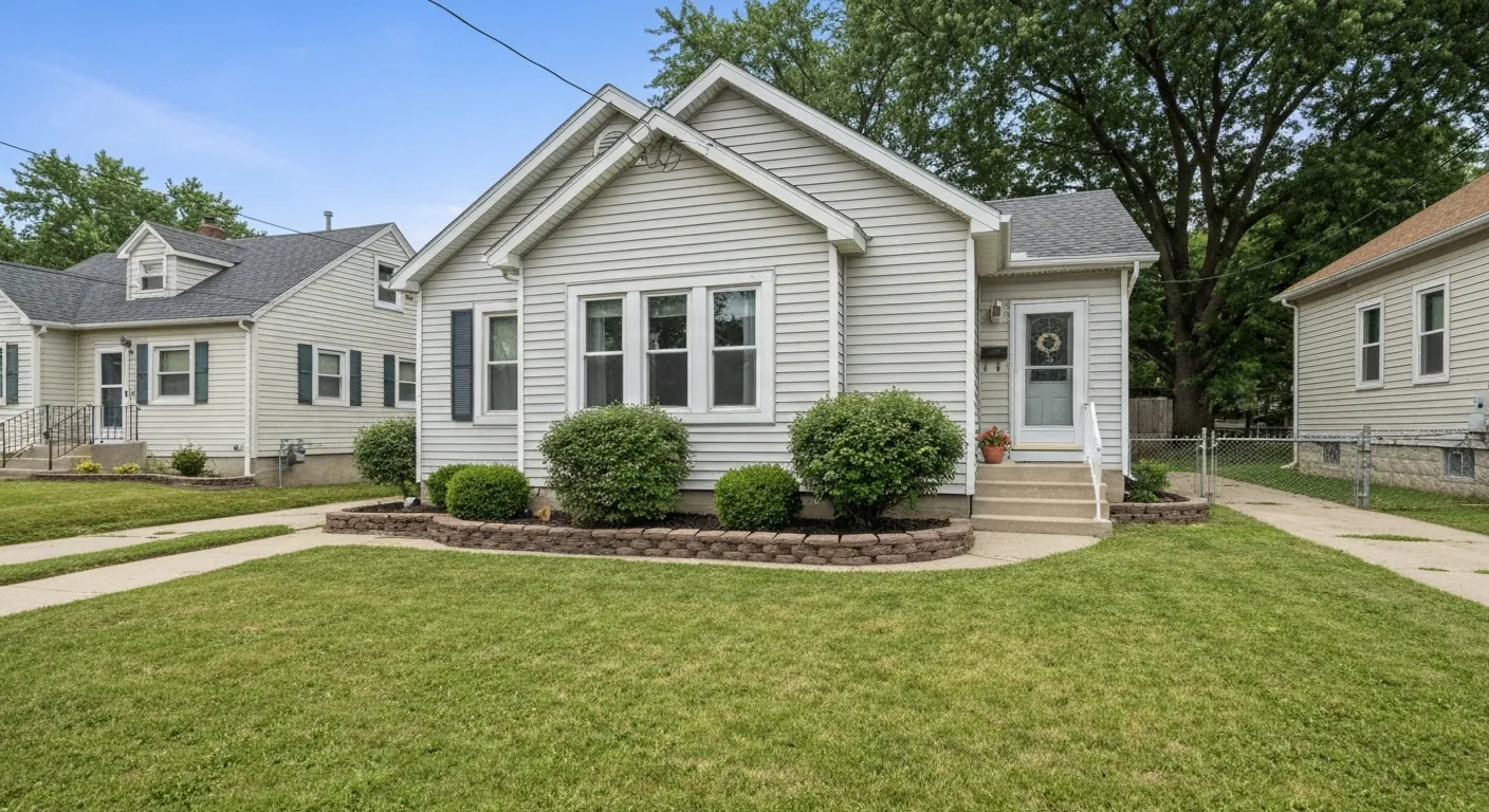 A modest, well-kept single- starter home exterior, daytime, no.