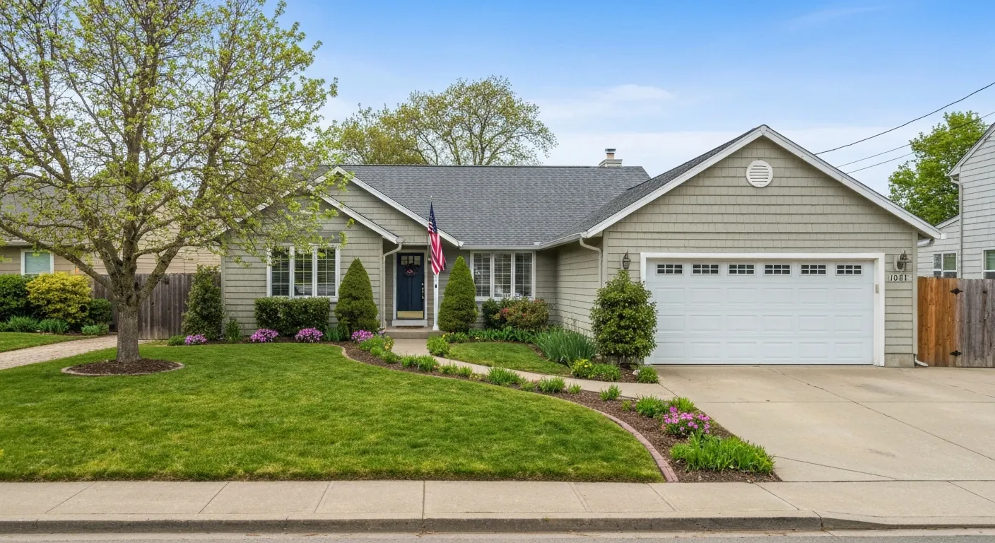 A tidy single- home with an American flag mounted by the front door, no.