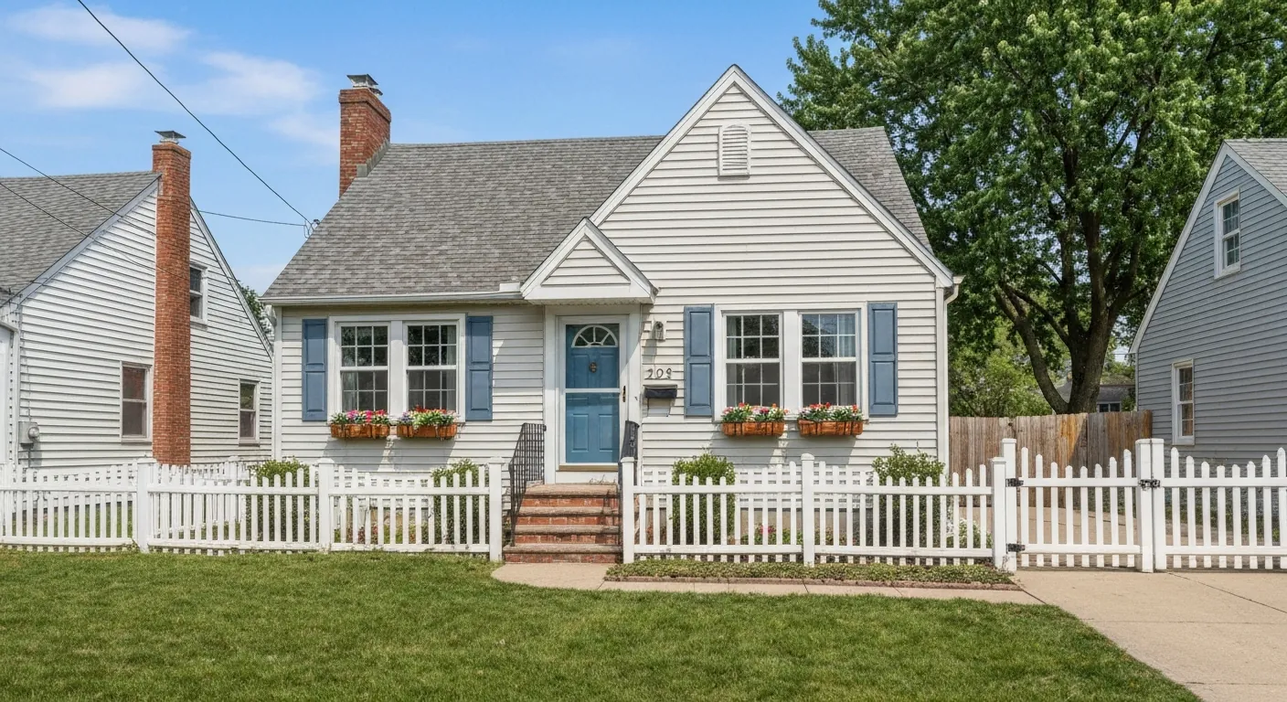 A modest, well-kept single- starter home exterior, daytime, no.