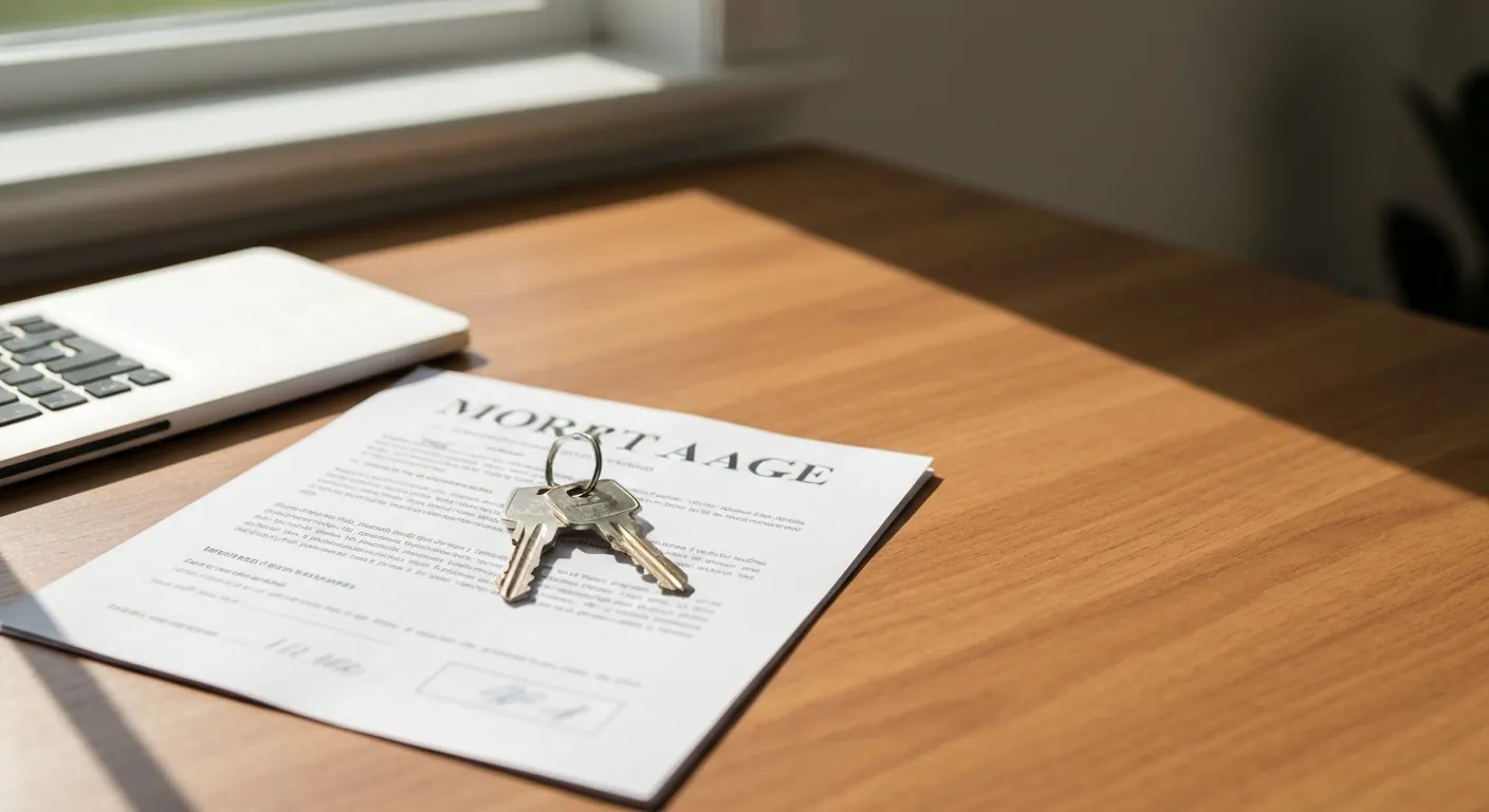 House keys resting on mortgage paperwork on a wooden desk, warm light, no.
