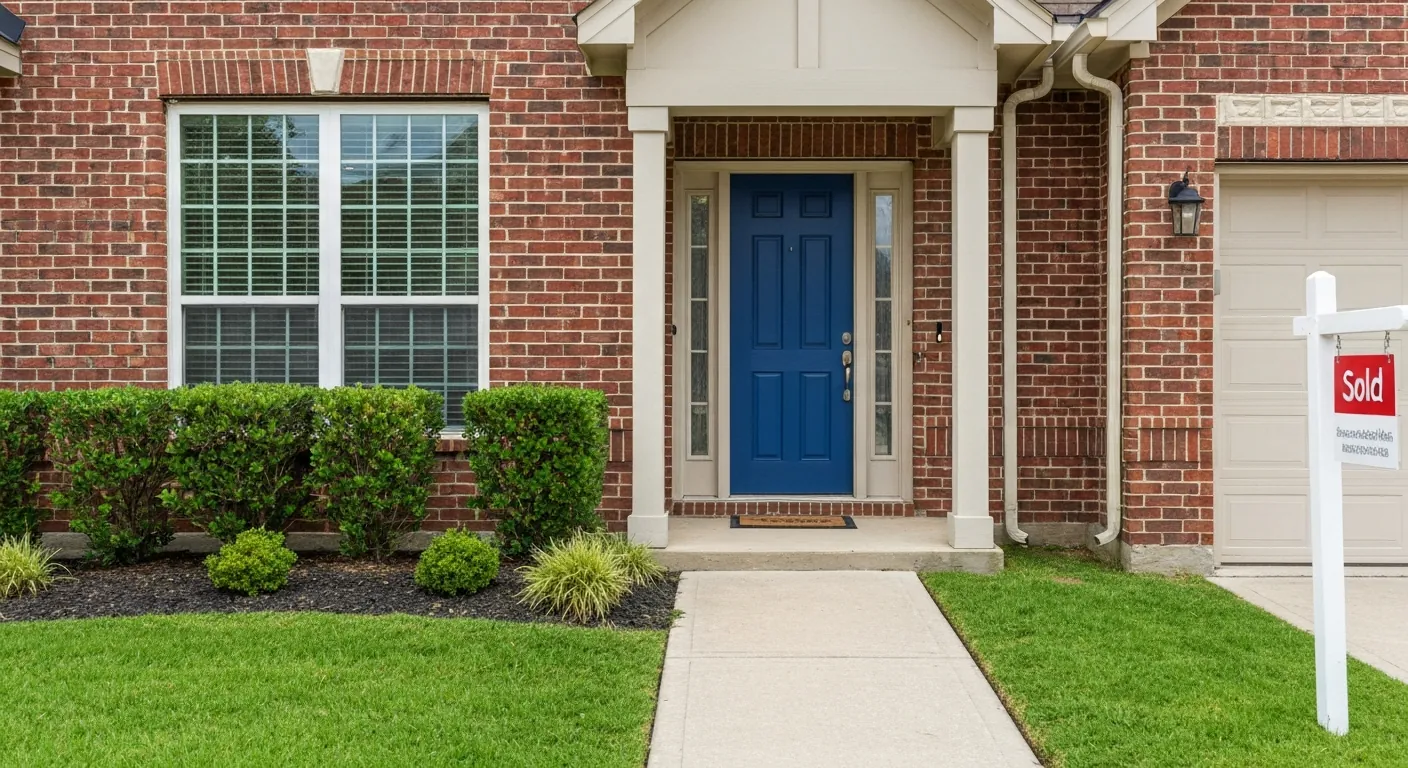 A welcoming first home exterior with a 'SOLD' sign and a bright front door, no.