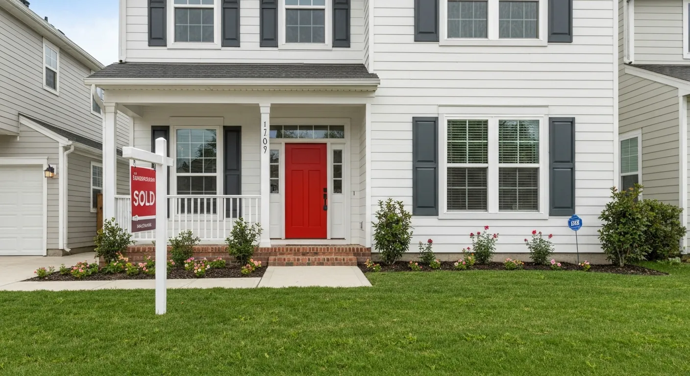 A welcoming first home exterior with a 'SOLD' sign and a bright front door, no.