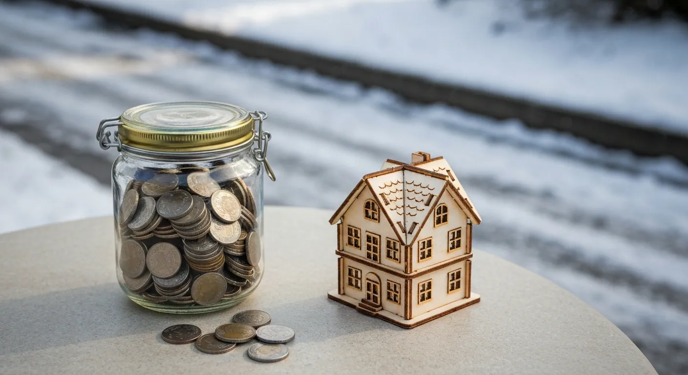 A glass jar of coins and a small wooden model house on a table, soft light, no.