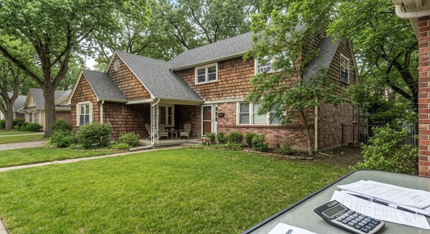 A suburban home exterior with a calculator and documents on a porch table, no.