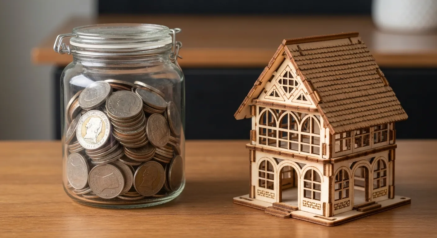 A glass jar of coins and a small wooden model house on a table, soft light, no.