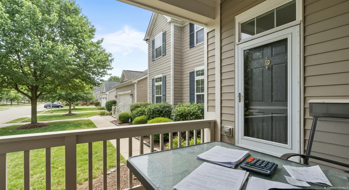 A suburban home exterior with a calculator and documents on a porch table, no.