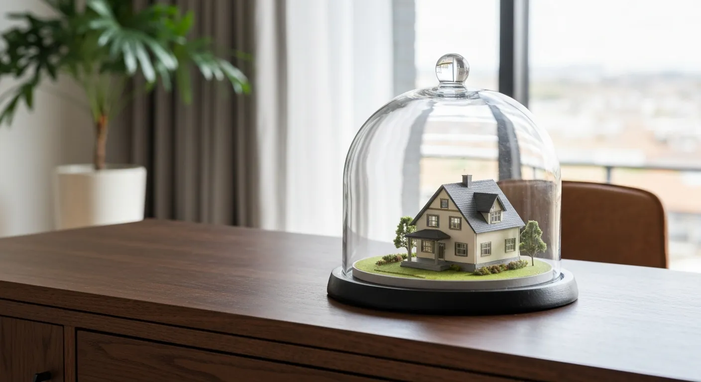 A small model house sheltered under a clear glass dome on a desk, no.