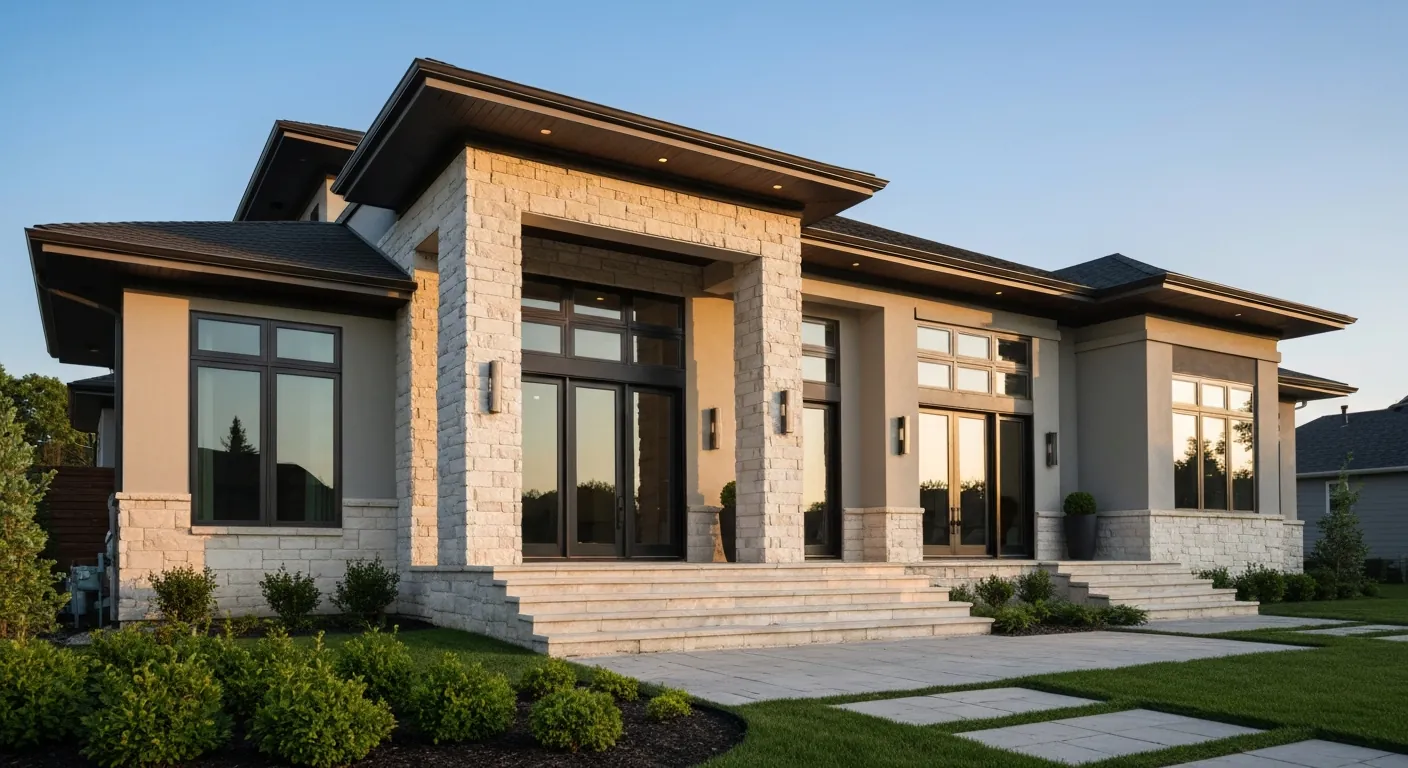 A large upscale modern home exterior with architectural lighting.