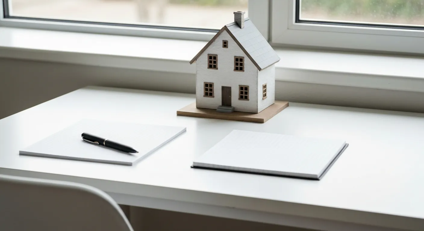 A clean desk with a pen, a notepad and a small model house, no.