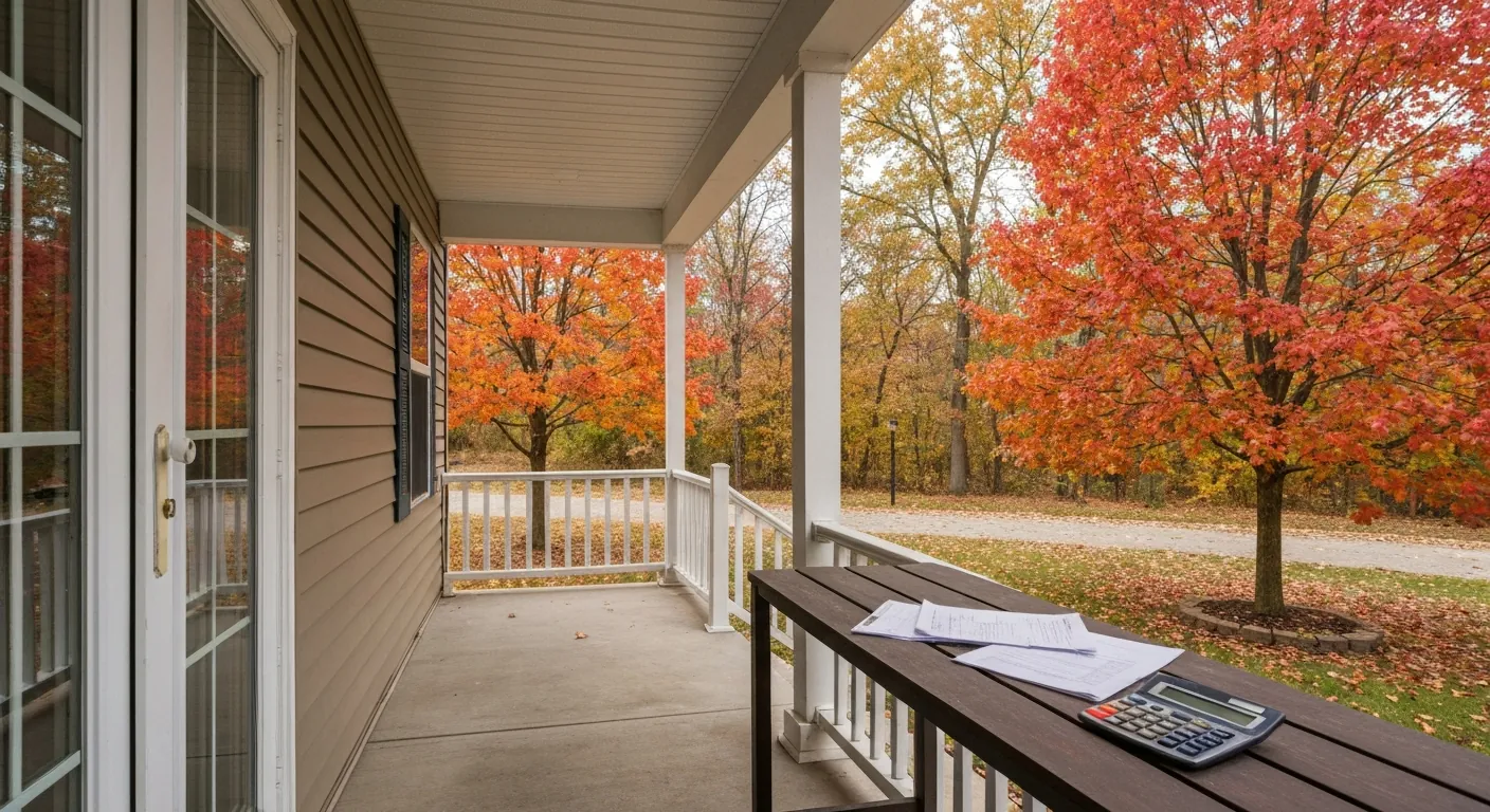 A suburban home exterior with a calculator and documents on a porch table, no.