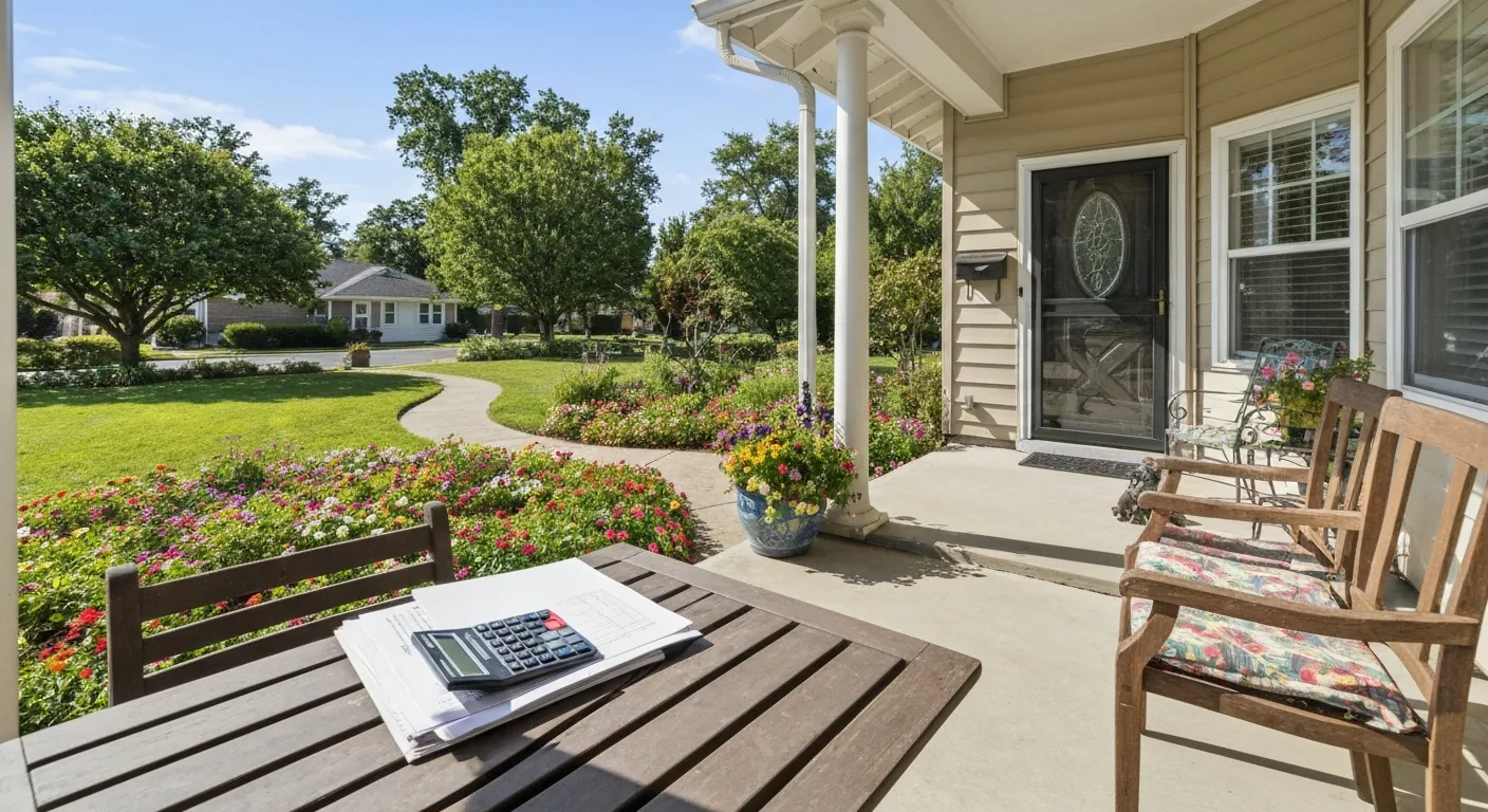 A suburban home exterior with a calculator and documents on a porch table, no.