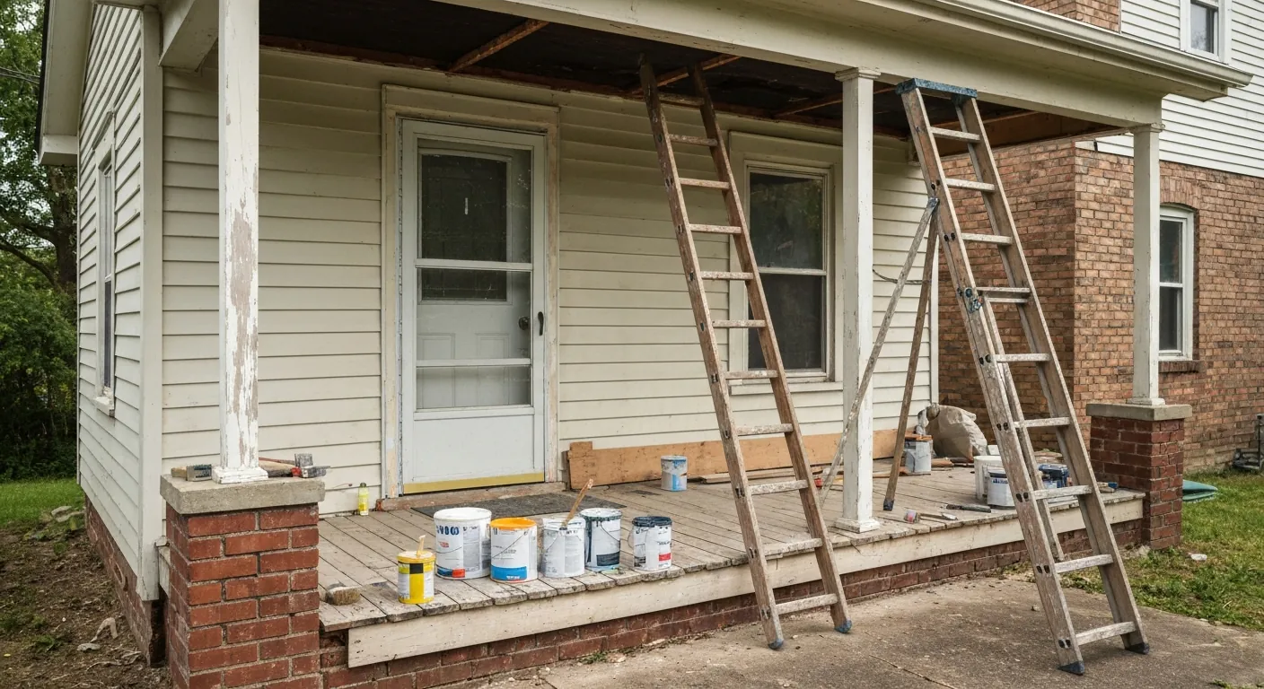 A house mid-renovation with a ladder, paint cans and tools on the porch, no.