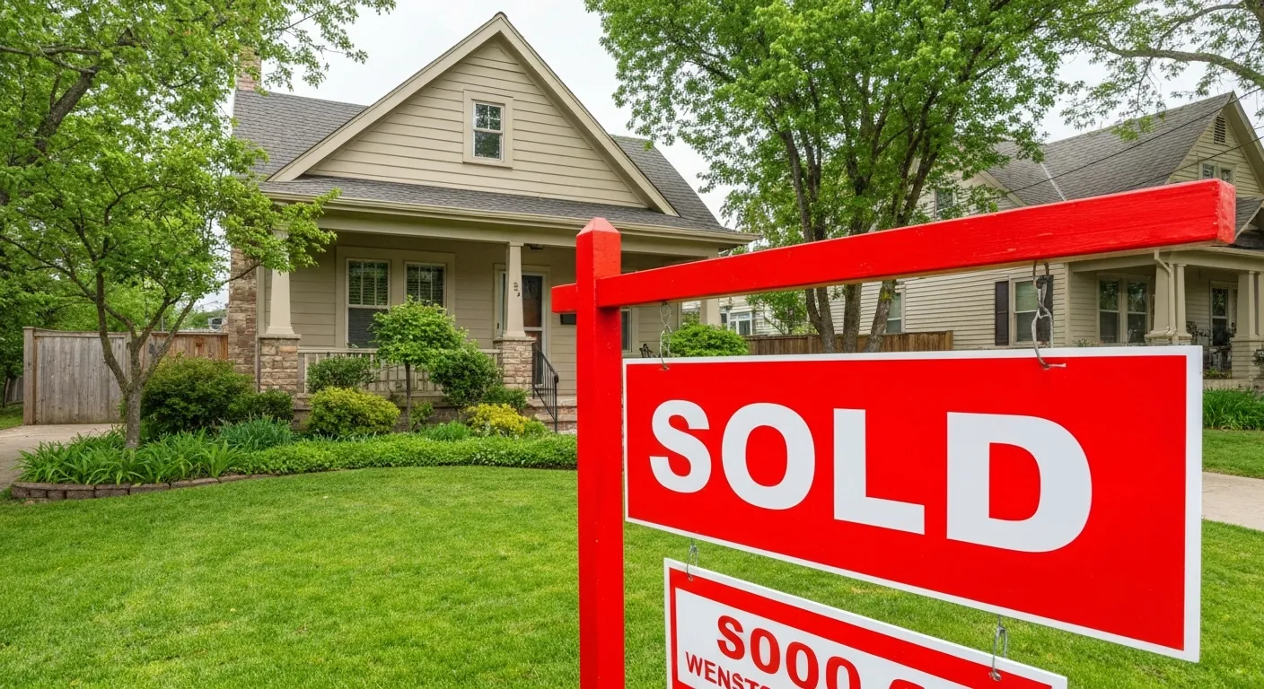 A 'SOLD' real-estate yard sign in front of a single- home, no.