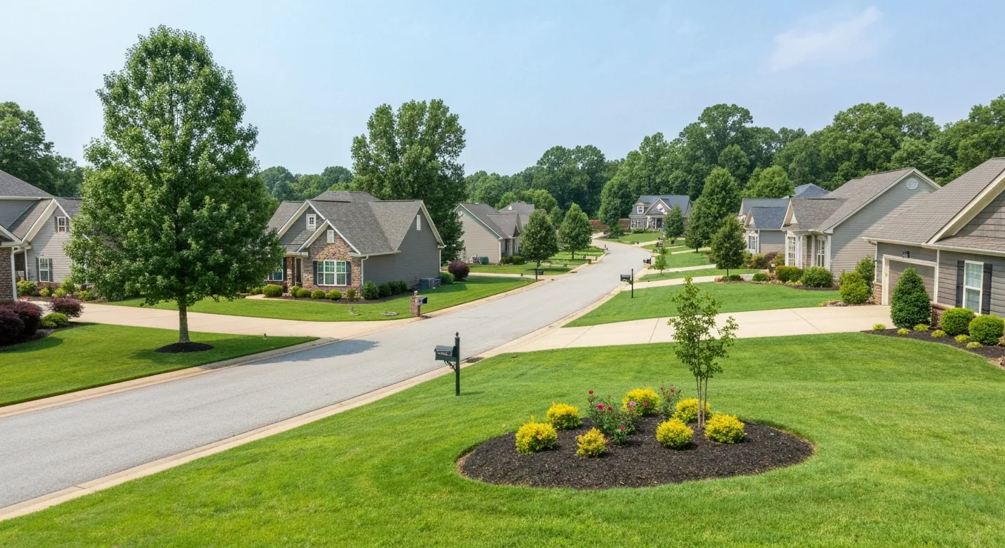 A Tennessee suburban neighborhood of single- homes from the street, daytime.