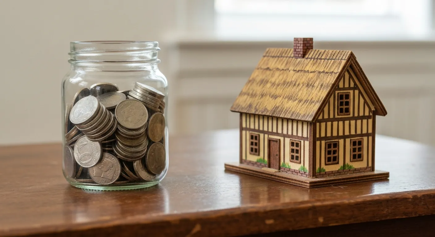 A glass jar of coins and a small wooden model house on a table, soft light, no.