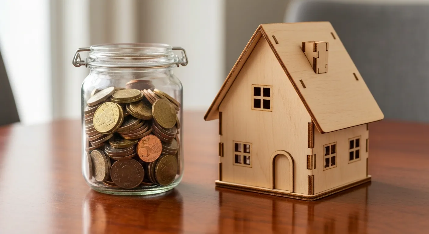 A glass jar of coins and a small wooden model house on a table, soft light, no.