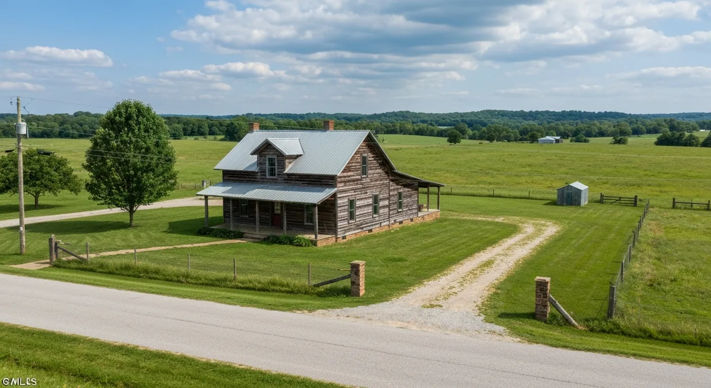 A rural Tennessee farmhouse with open green land and a clear sky.