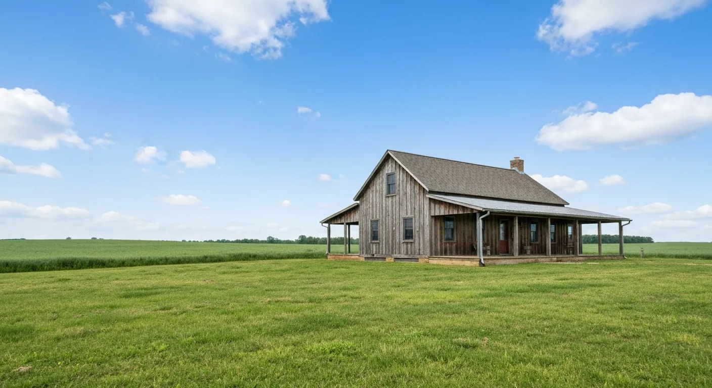 A rural Tennessee farmhouse with open green land and a clear sky.