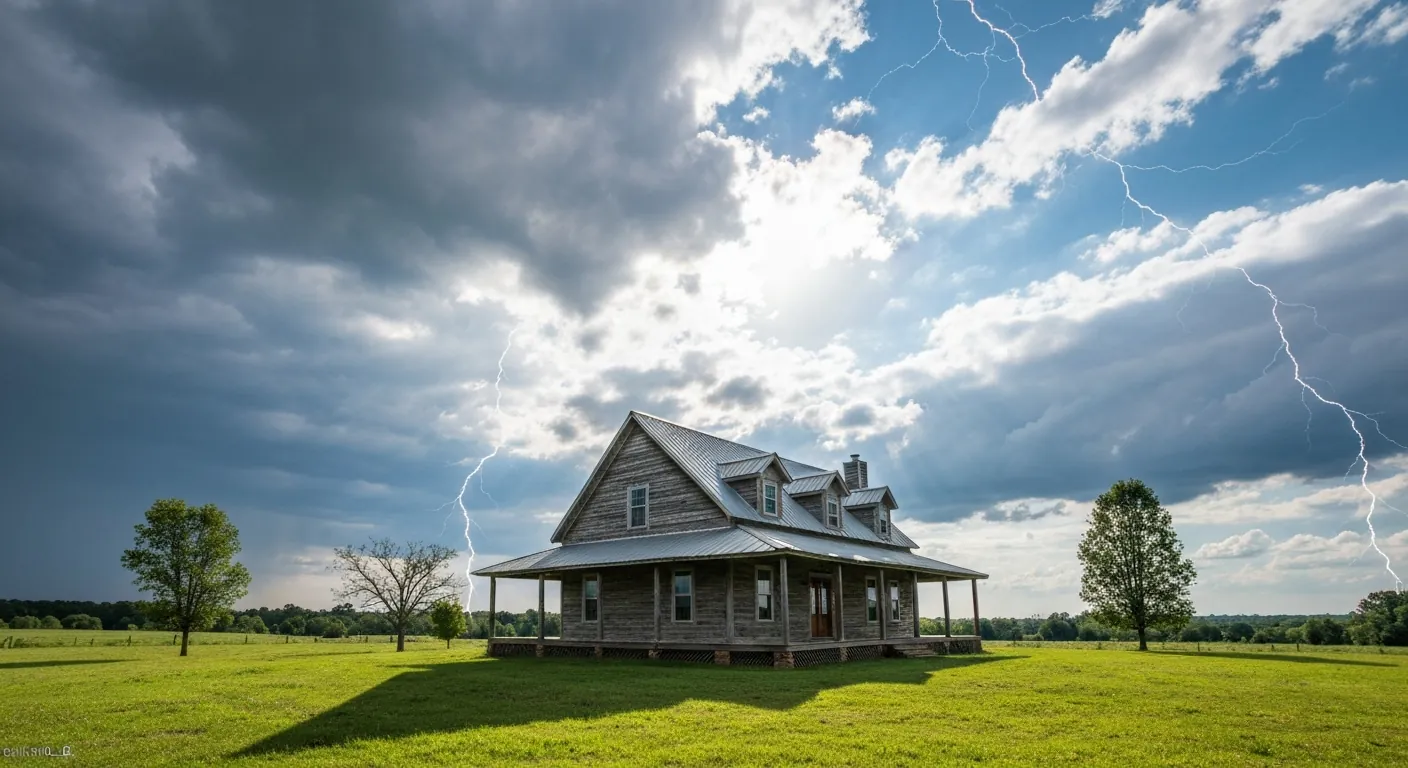 A rural Tennessee farmhouse with open green land and a clear sky.