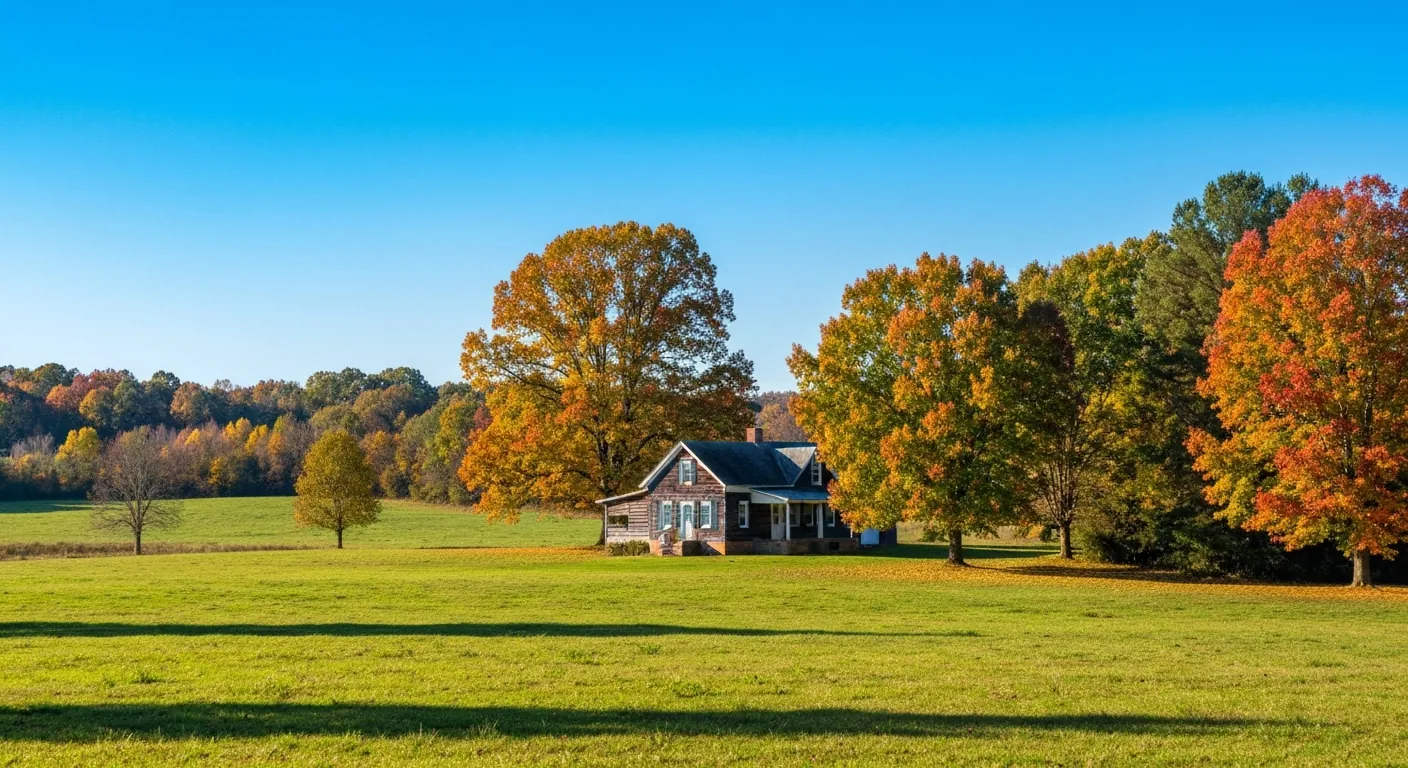 A rural Tennessee farmhouse with open green land and a clear sky.