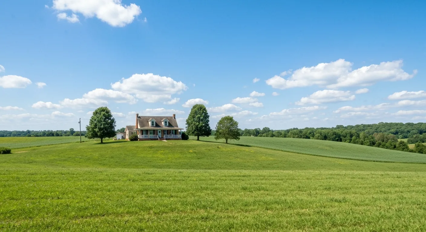 A rural Tennessee farmhouse with open green land and a clear sky.