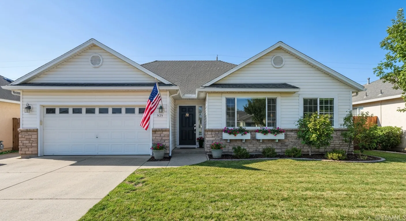 A tidy single- home with an American flag mounted by the front door, no.