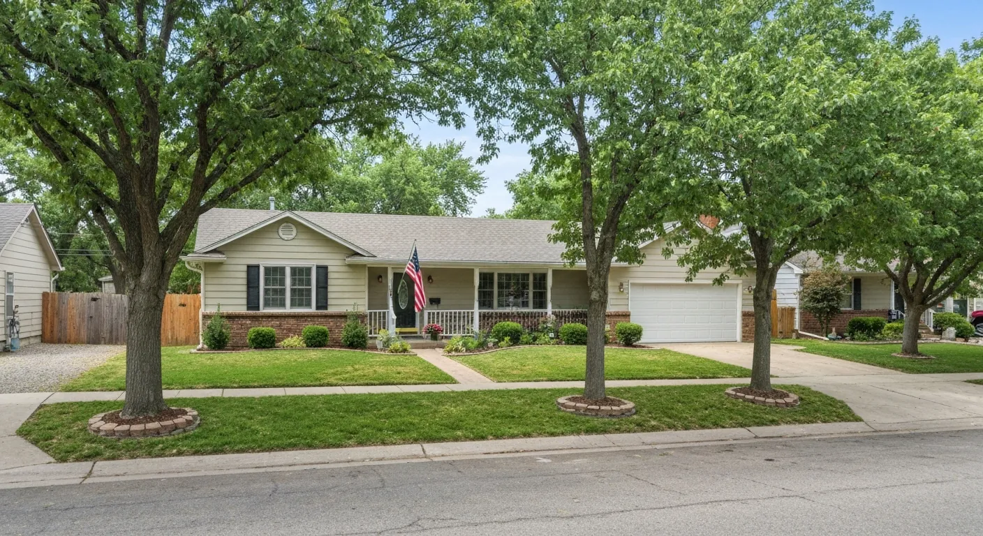 A tidy single- home with an American flag mounted by the front door, no.