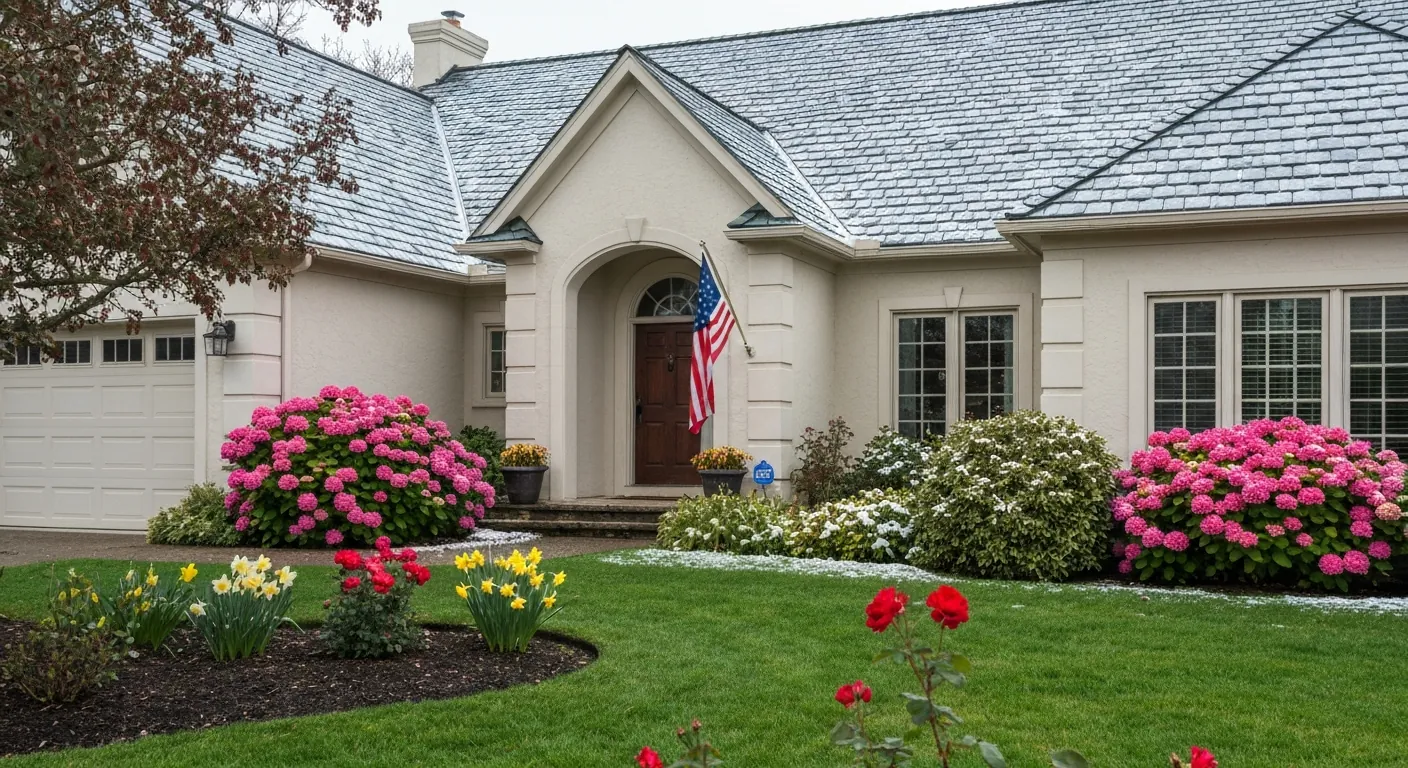 A tidy single- home with an American flag mounted by the front door, no.