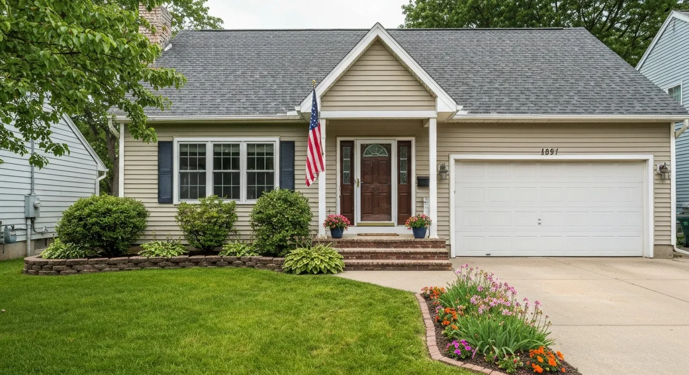A tidy single- home with an American flag mounted by the front door, no.