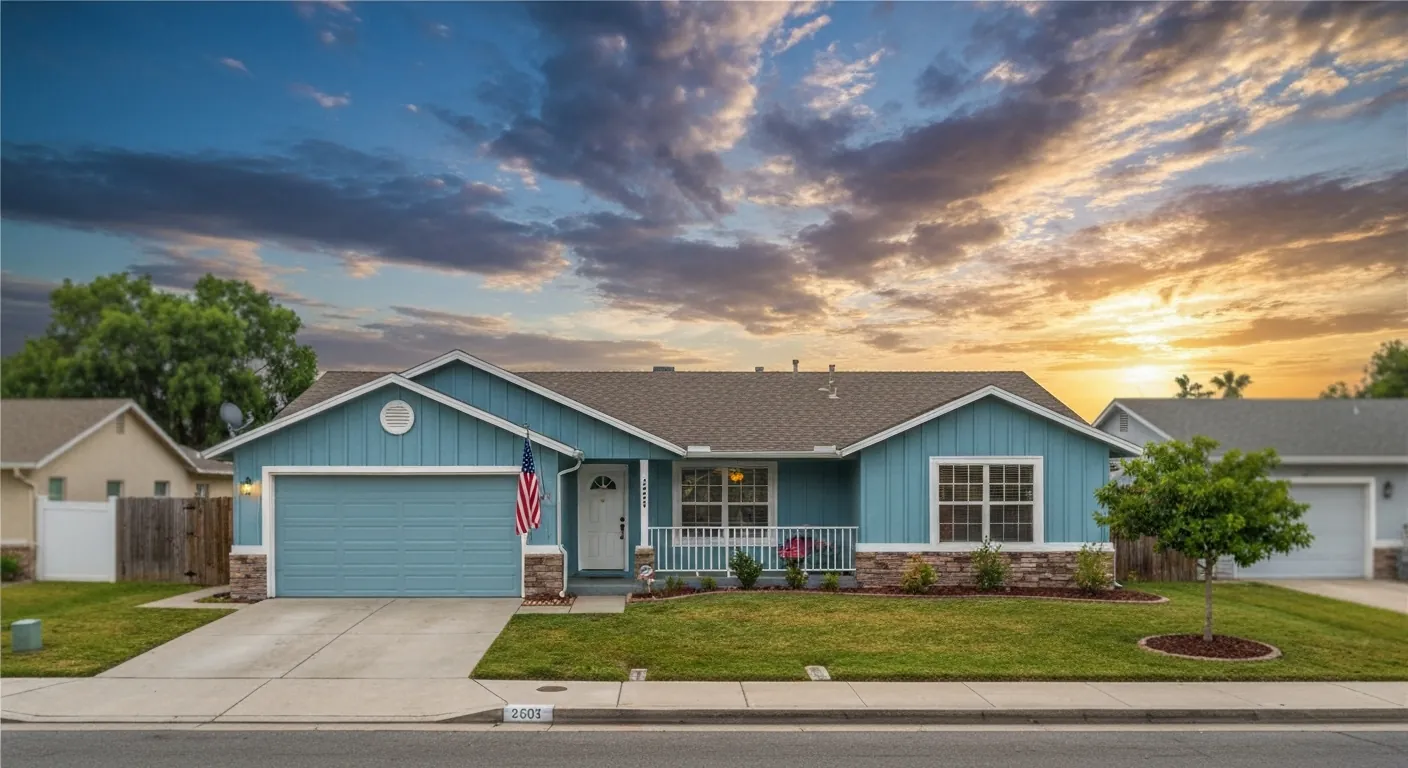 A tidy single- home with an American flag mounted by the front door, no.