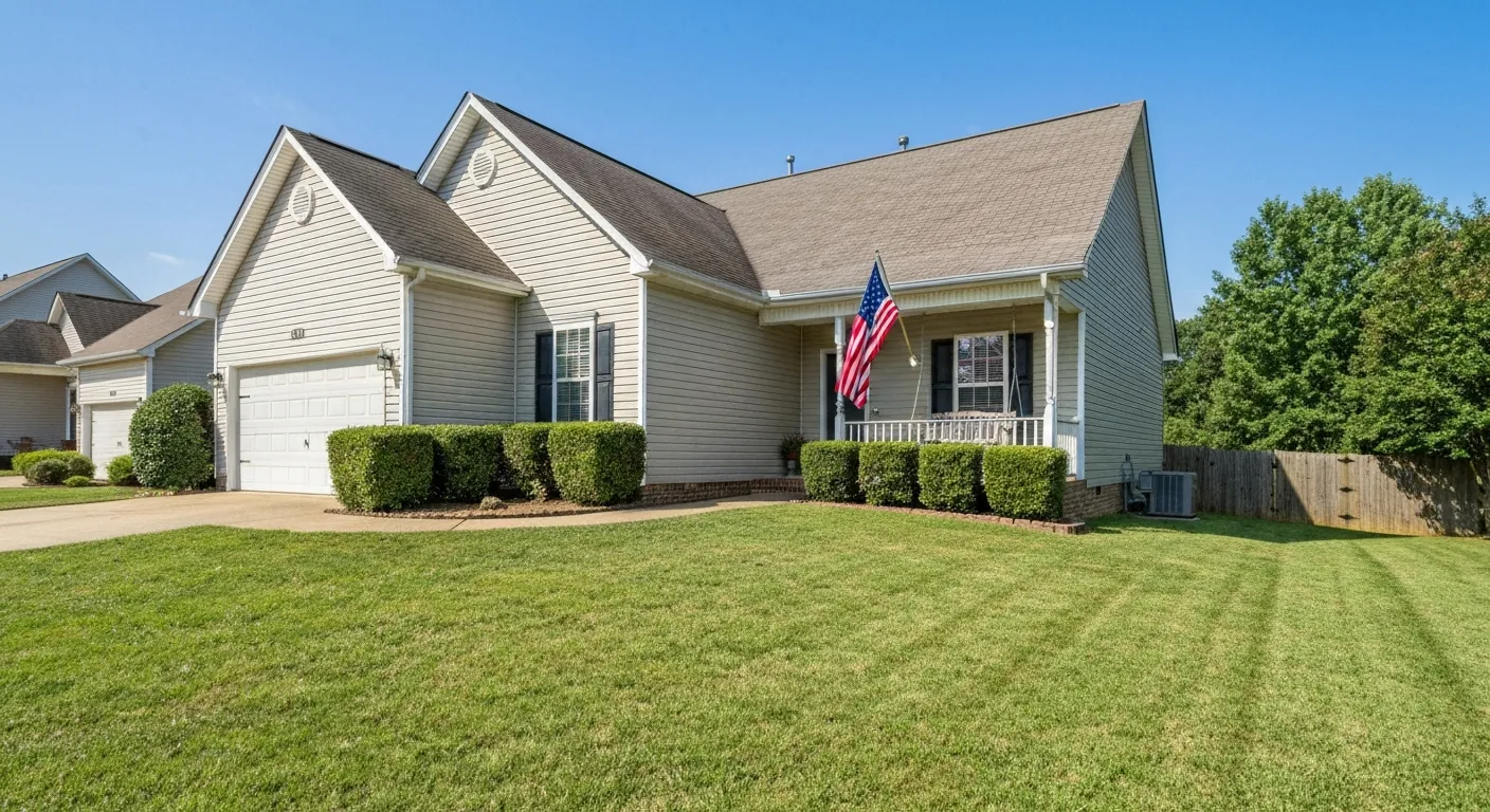 A suburban Tennessee home with an American flag by the front porch, daytime.