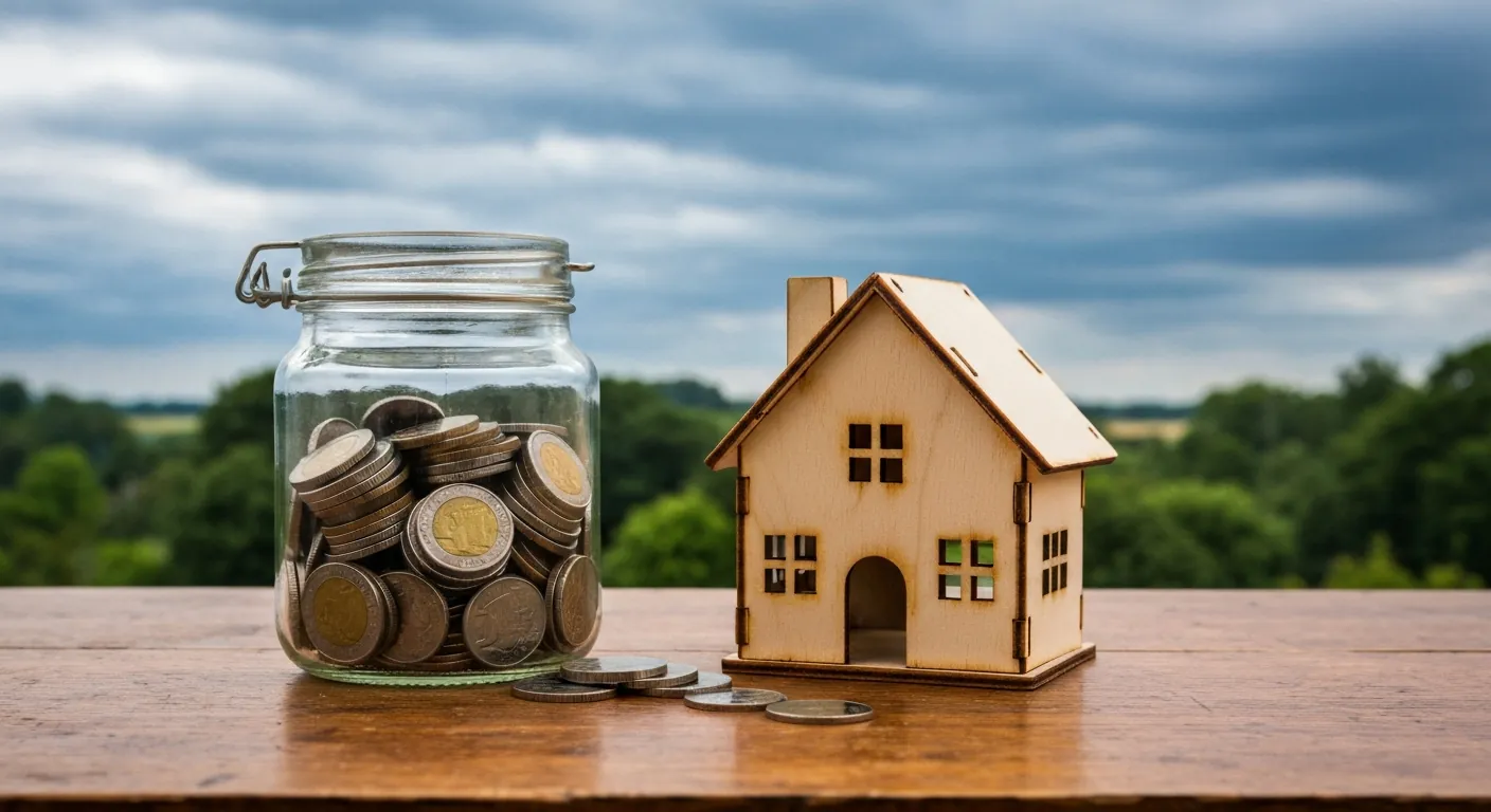 A glass jar of coins and a small wooden model house on a table, soft light, no.
