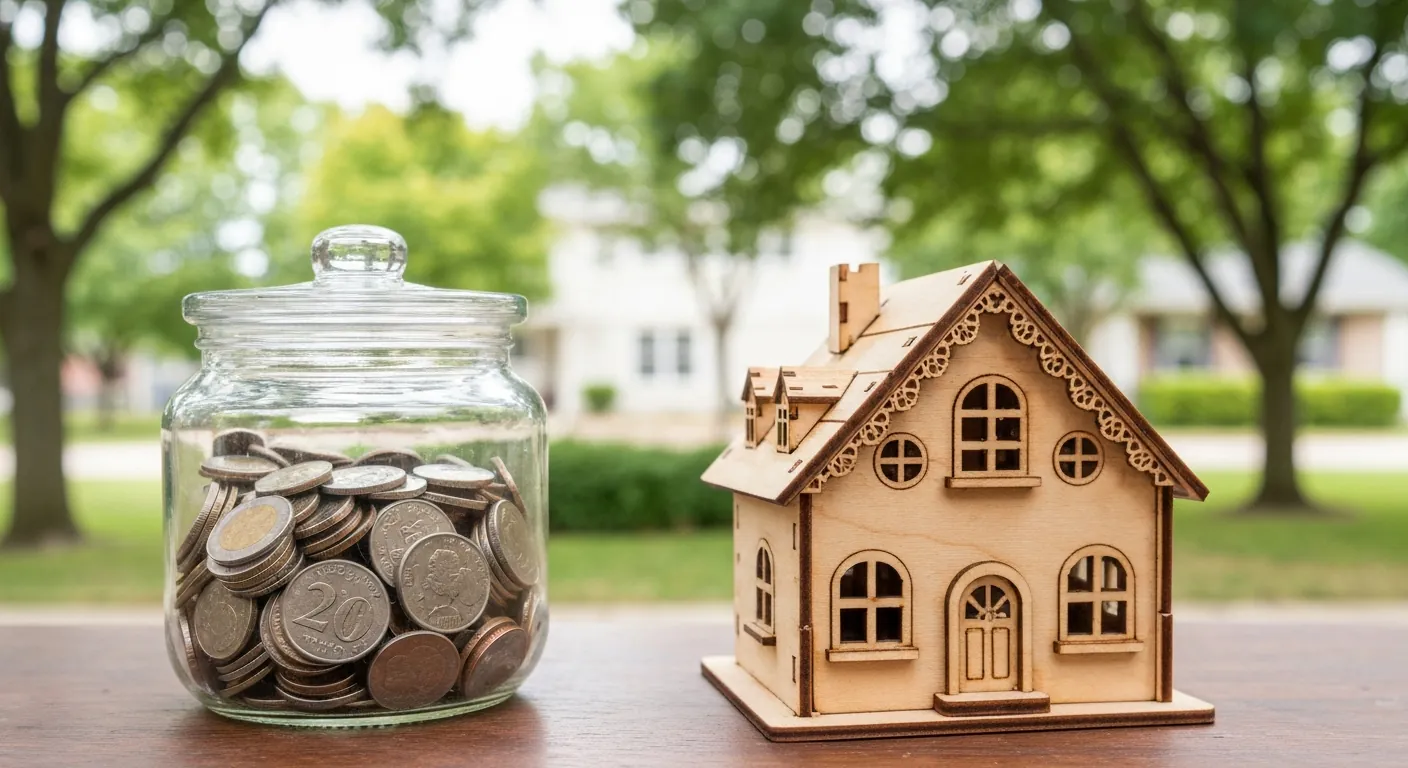 A glass jar of coins and a small wooden model house on a table, soft light, no.