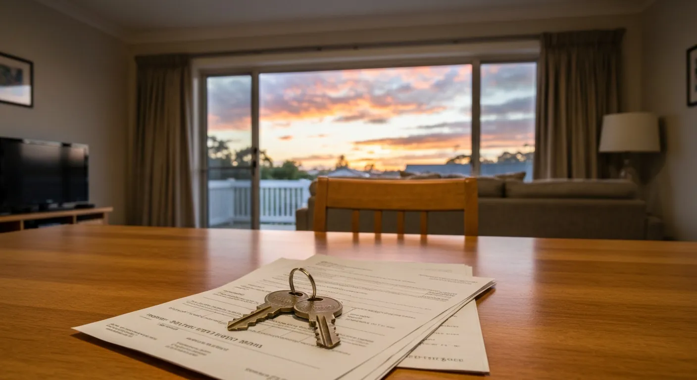 House keys resting on mortgage paperwork on a wooden desk, warm light, no.