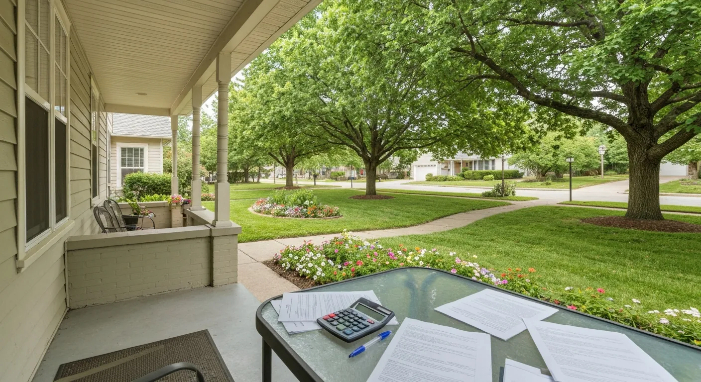 A suburban home exterior with a calculator and documents on a porch table, no.