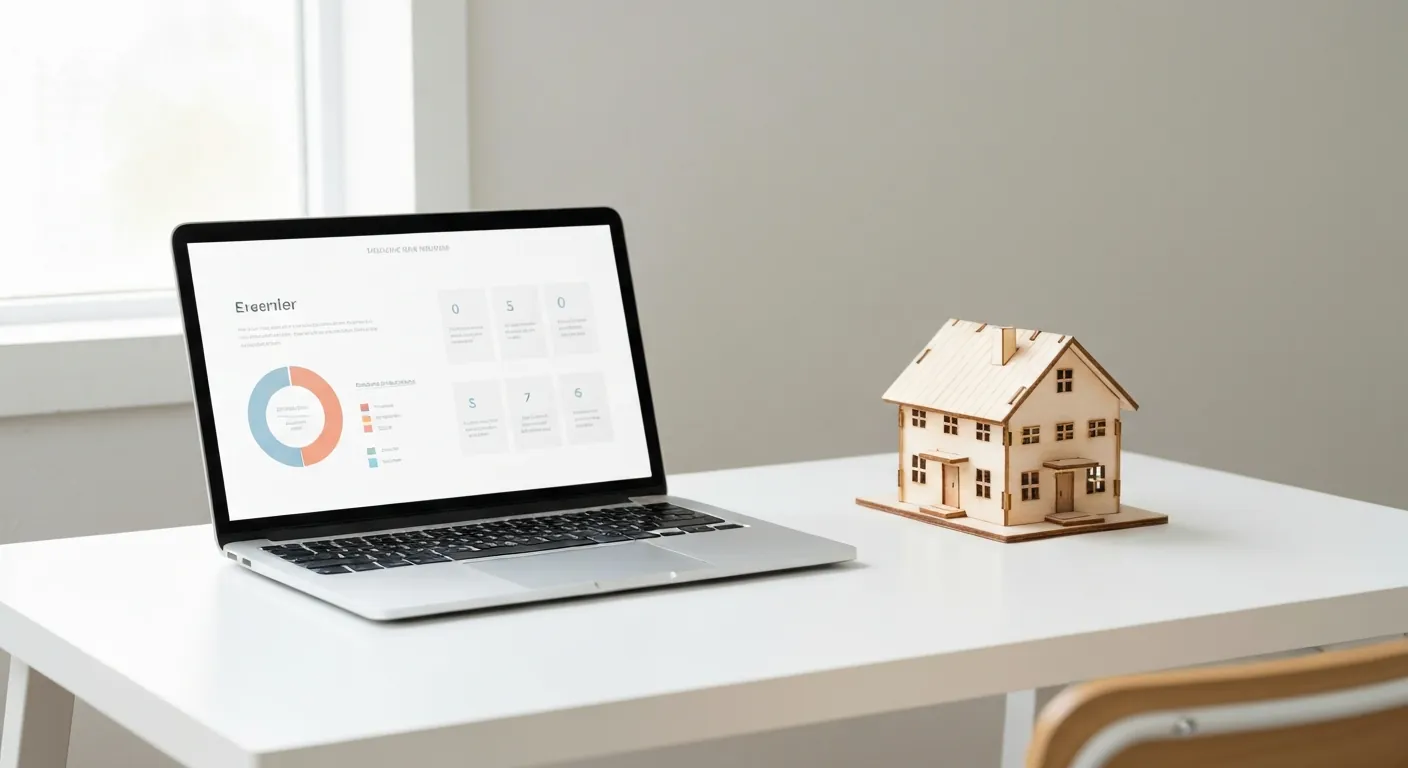 A desk with a laptop showing simple charts beside a small wooden model house, no.