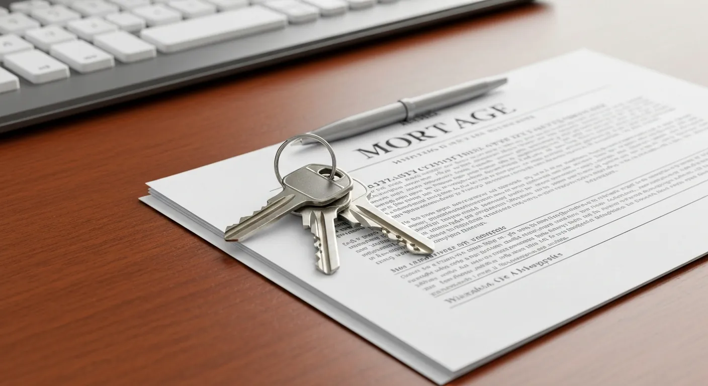 House keys resting on mortgage paperwork on a wooden desk, warm light, no.