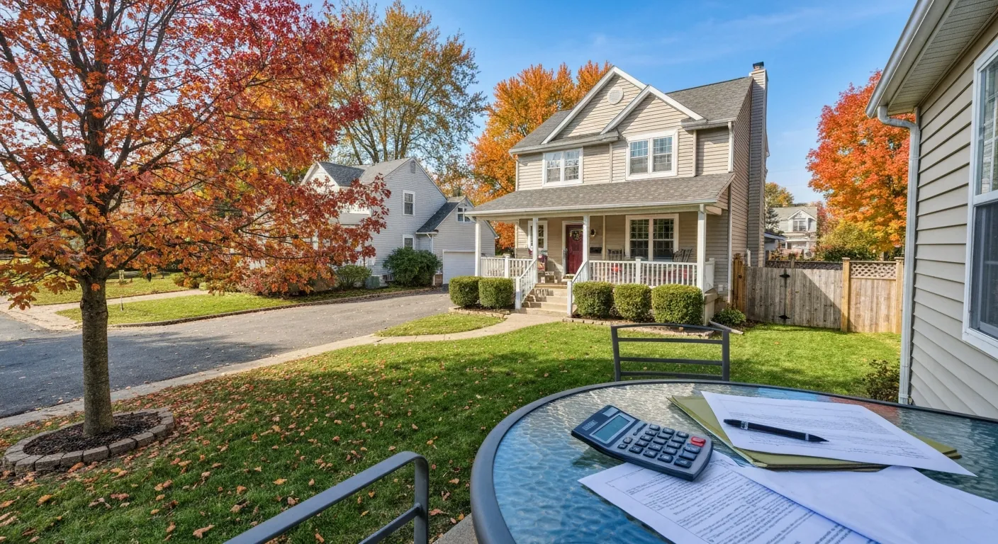 A suburban home exterior with a calculator and documents on a porch table, no.
