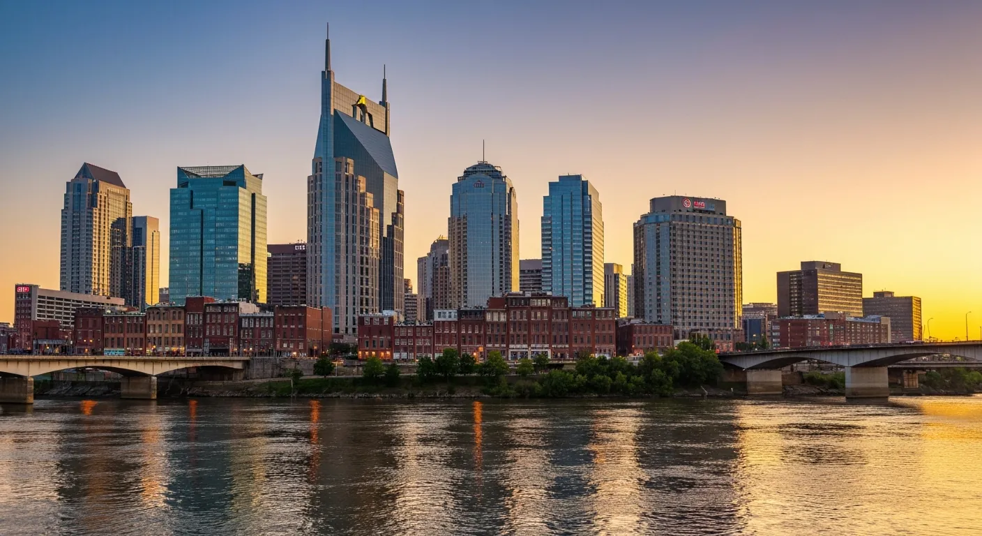 The Nashville Tennessee downtown skyline at golden hour, river in foreground.