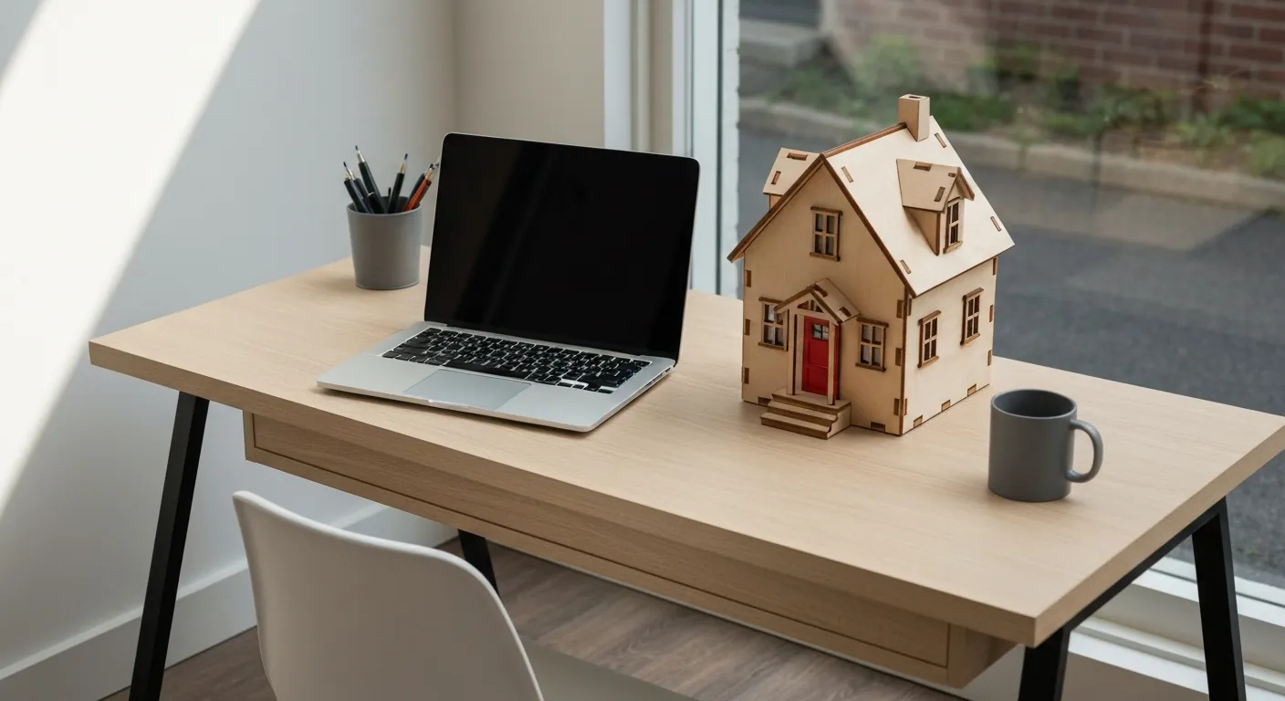 A desk with a laptop showing simple charts beside a small wooden model house, no.