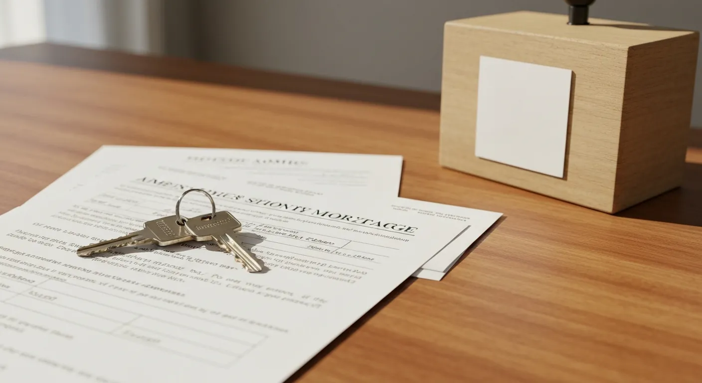 House keys resting on mortgage paperwork on a wooden desk, warm light, no.